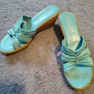 Italian shoe makers sz 8 Turquoise cork wedge sandals.